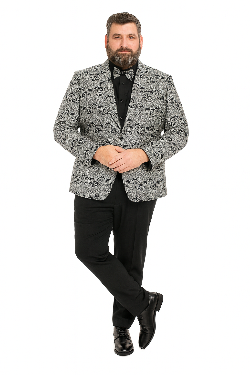 Men’s Black and Silver Paisley Tuxedo Jacket – Slim Fit Dinner Blazer with Matching Bow Tie with Black Pants 6   - from alligatorwarehouse.com