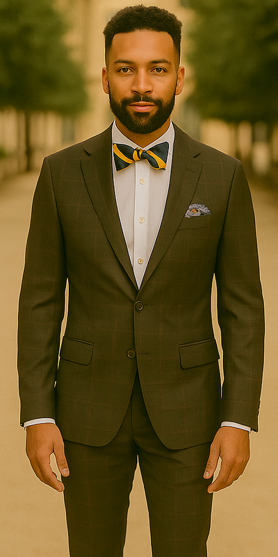 Men's Brown Plaid Slim Fit Suit by Rossiman Rossi – Peak Lapel Jacket & Tapered Pants 1   - from alligatorwarehouse.com