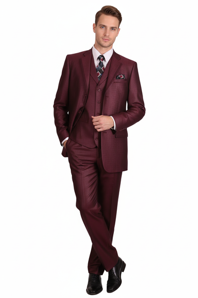 Men’s Burgundy 3-Piece Suit – Burgundy Three Buttons Vested Suit - Pleated Pants Classic Fit Athletic Cut 2   - from alligatorwarehouse.com