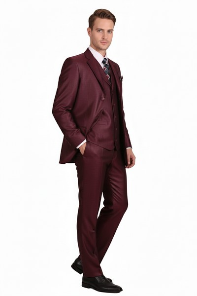 Men’s Burgundy 3-Piece Suit – Burgundy Three Buttons Vested Suit - Pleated Pants Classic Fit Athletic Cut 5   - from alligatorwarehouse.com