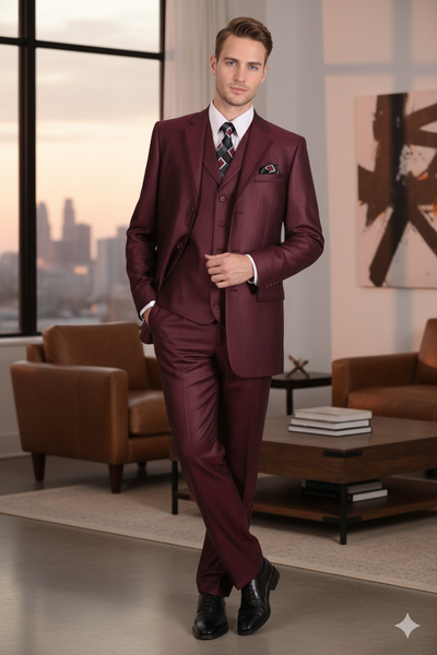 Men’s Burgundy 3-Piece Suit – Burgundy Three Buttons Vested Suit - Pleated Pants Classic Fit Athletic Cut 6   - from alligatorwarehouse.com