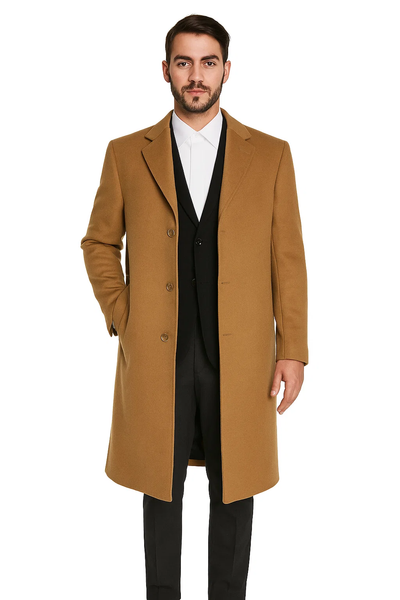 Men’s Camel Overcoat – Classic Single Breasted Wool Long Coat with Peak Lapel 1   - from alligatorwarehouse.com
