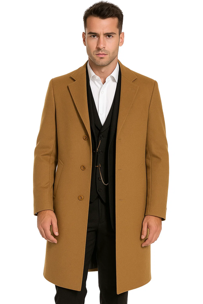 Men’s Camel Overcoat – Classic Single Breasted Wool Long Coat with Peak Lapel 8   - from alligatorwarehouse.com