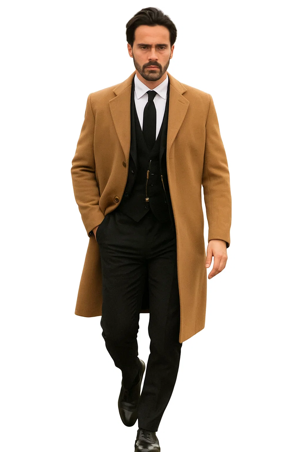 Men’s Camel Overcoat – Classic Single Breasted Wool Long Coat with Peak Lapel