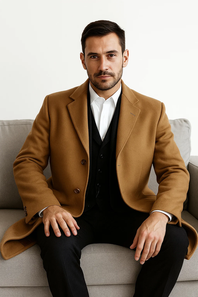 Men’s Camel Overcoat – Classic Single Breasted Wool Long Coat with Peak Lapel 9   - from alligatorwarehouse.com