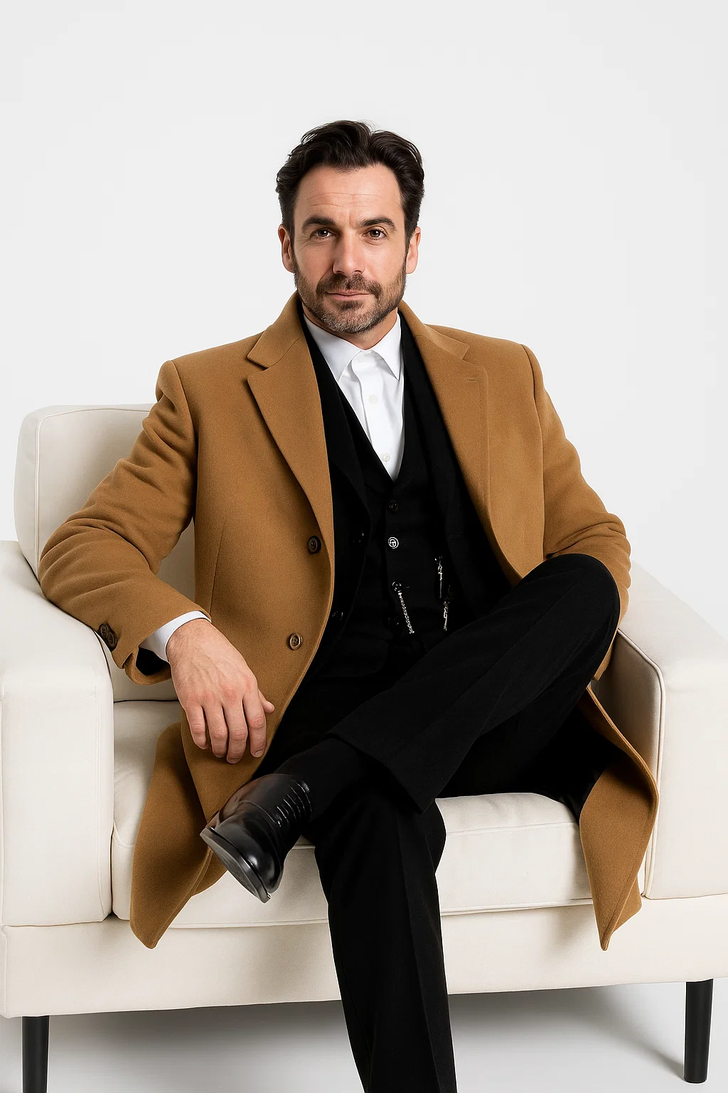 Men’s Camel Overcoat – Classic Single Breasted Wool Long Coat with Peak Lapel