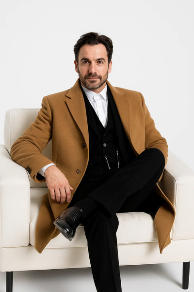 Men’s Camel Overcoat – Classic Single Breasted Wool Long Coat with Peak Lapel 3   - from alligatorwarehouse.com