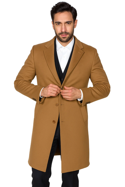 Men’s Camel Overcoat – Classic Single Breasted Wool Long Coat with Peak Lapel 5   - from alligatorwarehouse.com