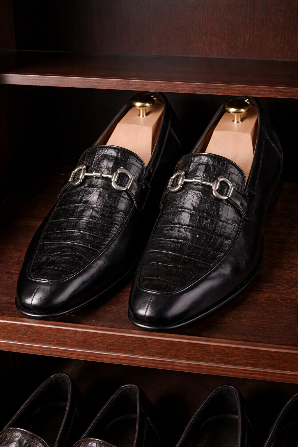  Men's Crocodile Calfskin Bit Almond Toe Loafers