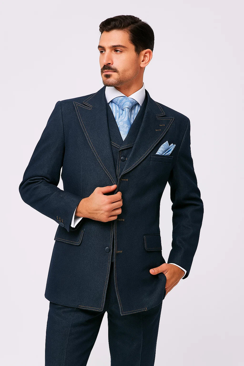 Men's Denim Formal Suit – Cotton Blazer, Vest & Pant for All Occasions 4   - from alligatorwarehouse.com