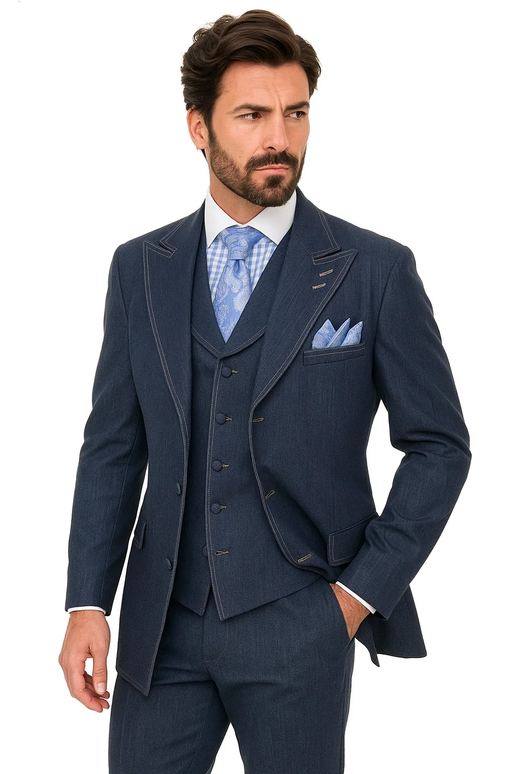 Men's Denim Formal Suit – Cotton Blazer, Vest & Pant for All Occasions 5   - from alligatorwarehouse.com