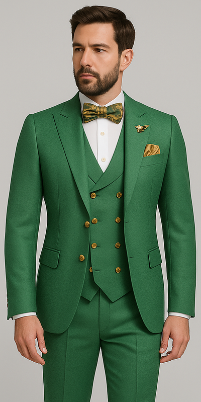 Men’s Green Slim Fit Suit by Rossiman – Stylish Double-Breasted Vest & Flat Front Pants 1 SKU#58652  - from alligatorwarehouse.com