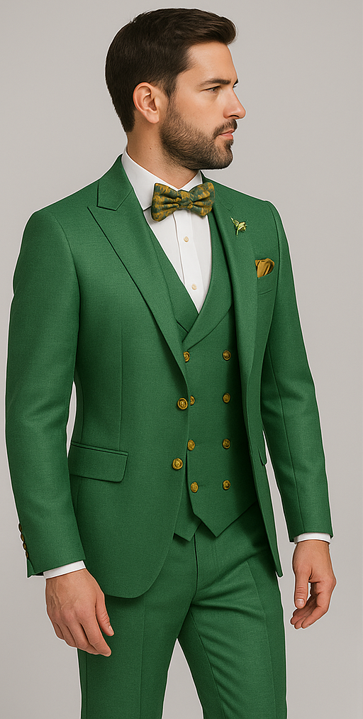 Men’s Green Slim Fit Suit by Rossiman – Stylish Double-Breasted Vest & Flat Front Pants