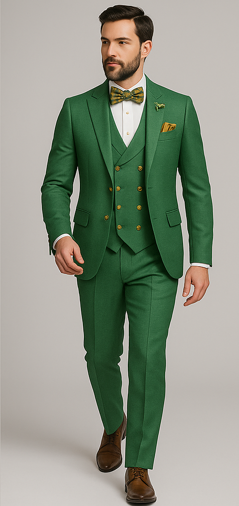 Men’s Green Slim Fit Suit by Rossiman – Stylish Double-Breasted Vest & Flat Front Pants
