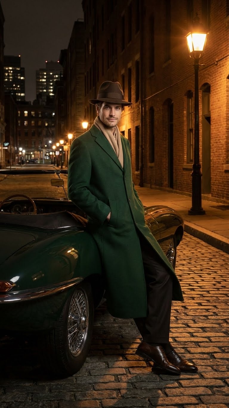 Men’s Hunter Green Full-Length Wool Overcoat 