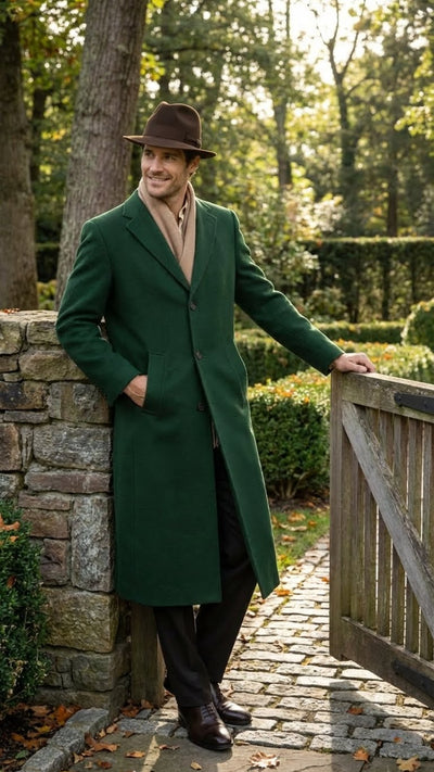 Men’s Hunter Green Full-Length Wool Overcoat 