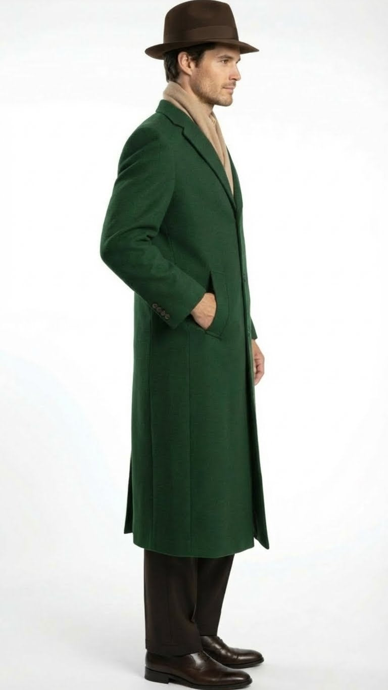 Men’s Hunter Green Full-Length Wool Overcoat 