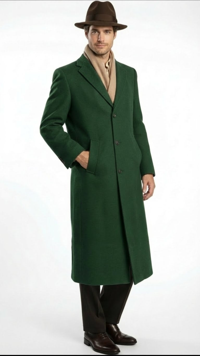 Men’s Hunter Green Full-Length Wool Overcoat 