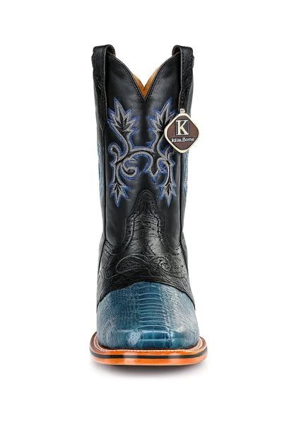 Men's King Exotic Ostrich Leg Square Toe Boots With Saddle Handmade Blue Jean