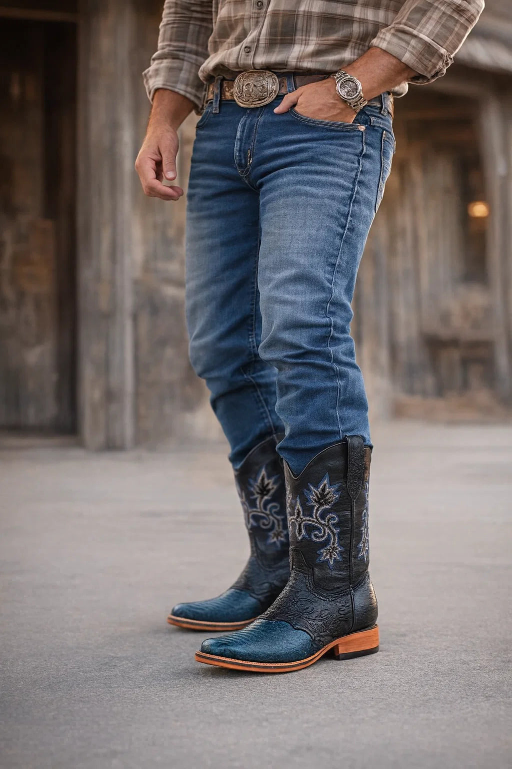Men's King Exotic Ostrich Leg Square Toe Boots With Saddle Handmade Blue Jean