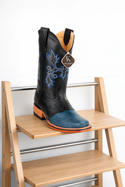 Men's King Exotic Ostrich Leg Square Toe Boots With Saddle Handmade Blue Jean