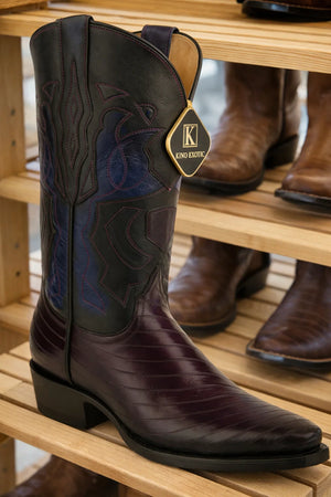 Men's King Exotic Snip Toe Eel Boots Handcrafted Burnished Purple 