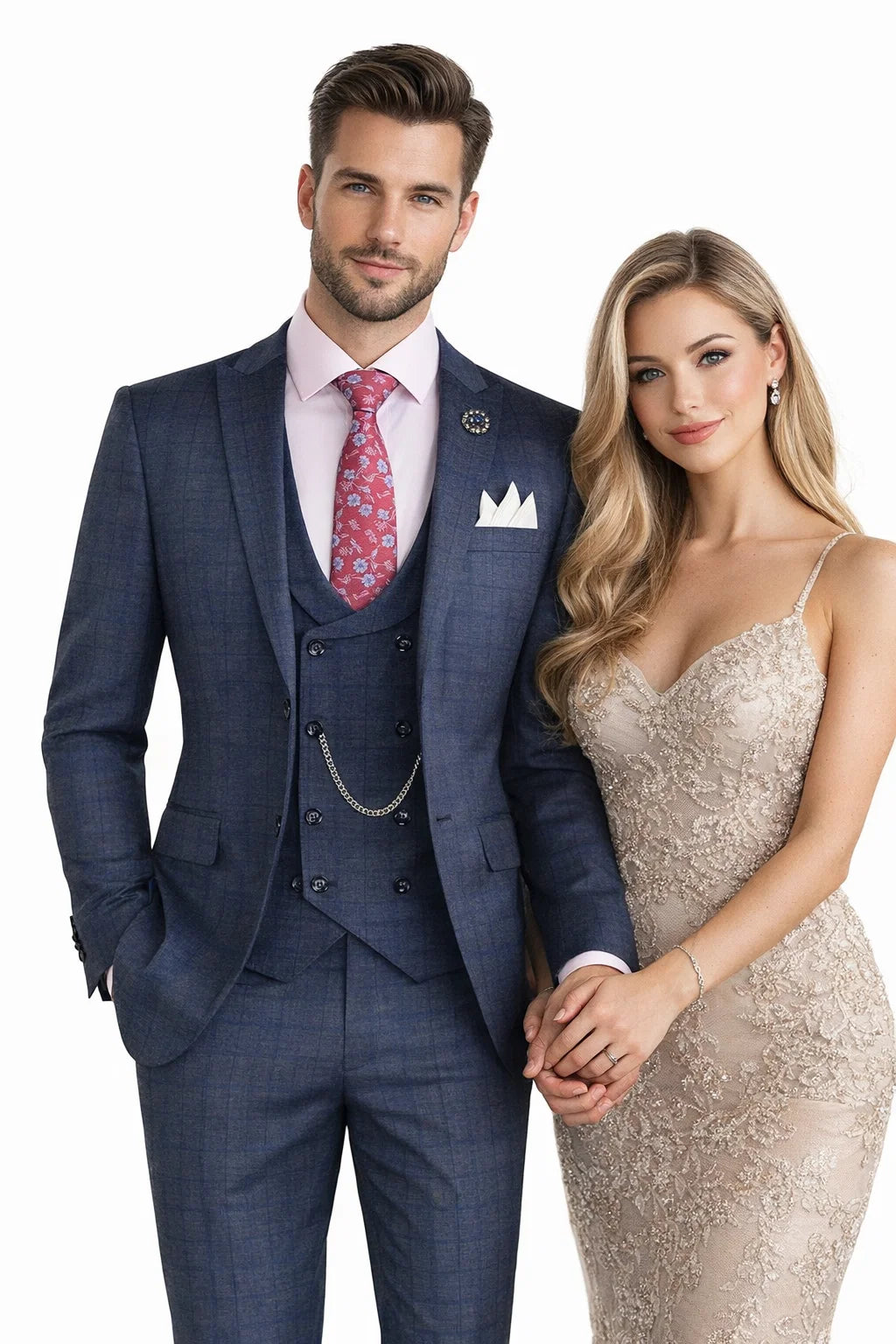 Men’s Navy Blue Plaid Slim Fit 3-Piece Suit – Two Button Vintage Style with Vest