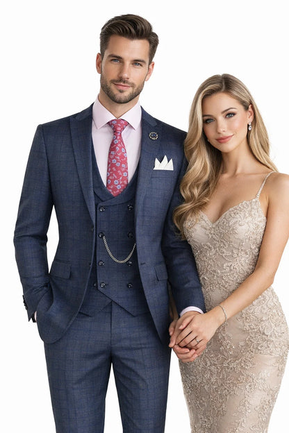 Men’s Navy Blue Plaid Slim Fit 3-Piece Suit – Two Button Vintage Style with Vest