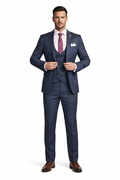Men’s Navy Blue Plaid Slim Fit 3-Piece Suit – Two Button Vintage Style with Vest