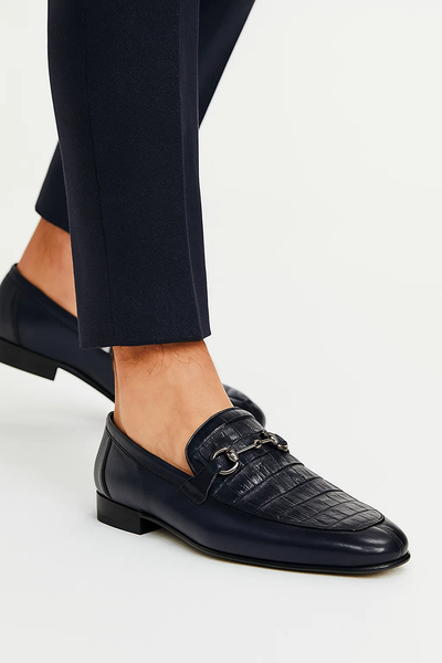 Men’s Prestige Navy Slip-On Shoes – Genuine Crocodile & Calfskin Fusion 8   - from alligatorwarehouse.com