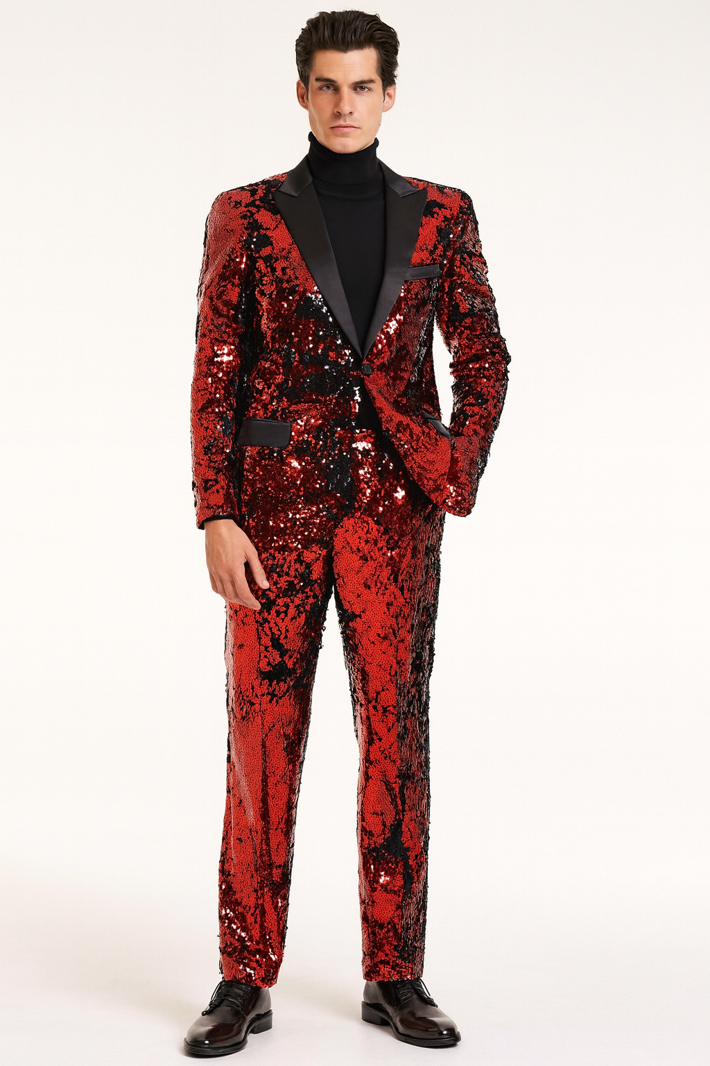 Men’s Red Sequin Tuxedo Suit with Black Lapel 