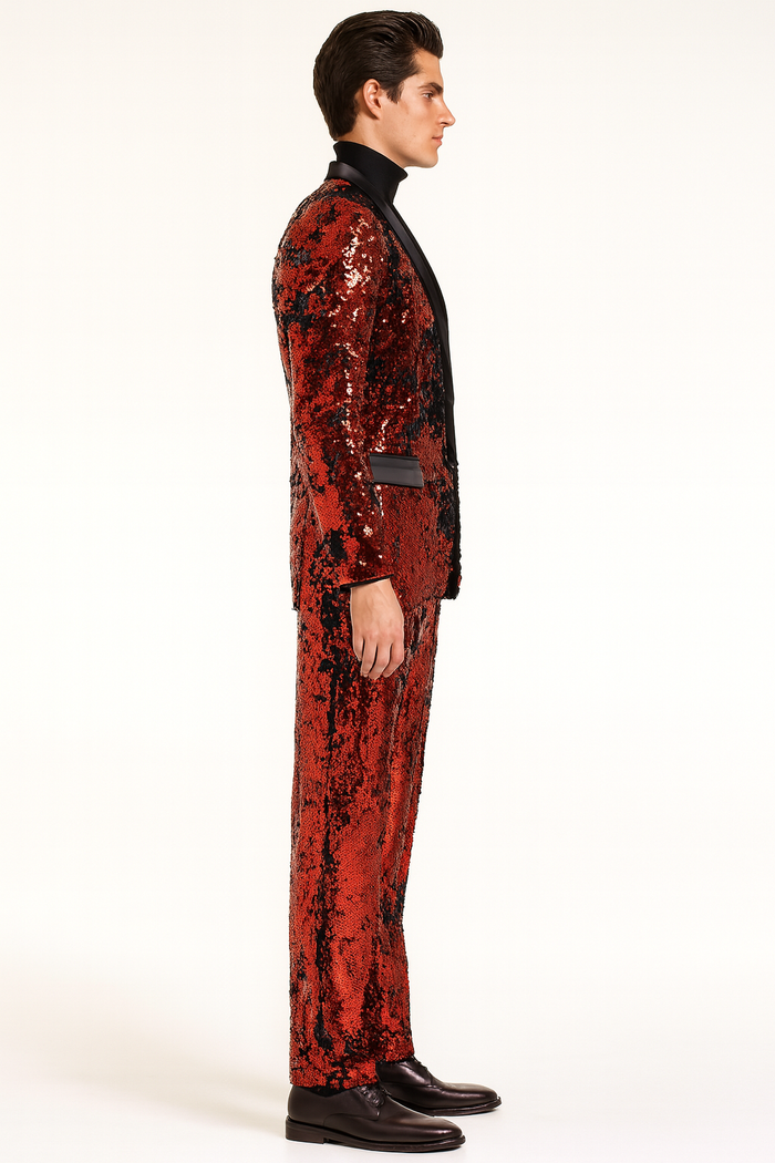 Men’s Red Sequin Tuxedo Suit with Black Lapel 