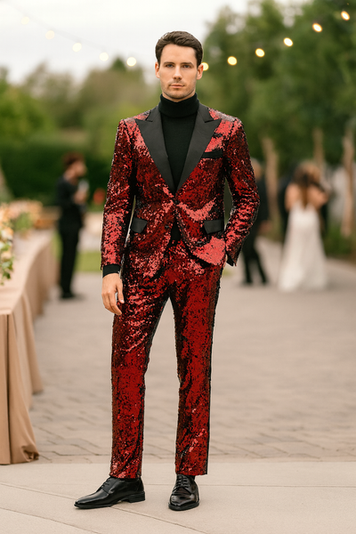 Men’s Red Sequin Tuxedo Suit with Black Lapel – Luxury Slim Fit Blazer and Pants Set Matching 4   - from alligatorwarehouse.com