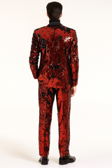 Men’s Red Sequin Tuxedo Suit with Black Lapel 
