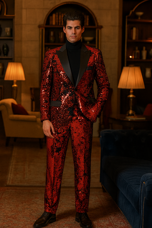 Men’s Red Sequin Tuxedo Suit with Black Lapel 