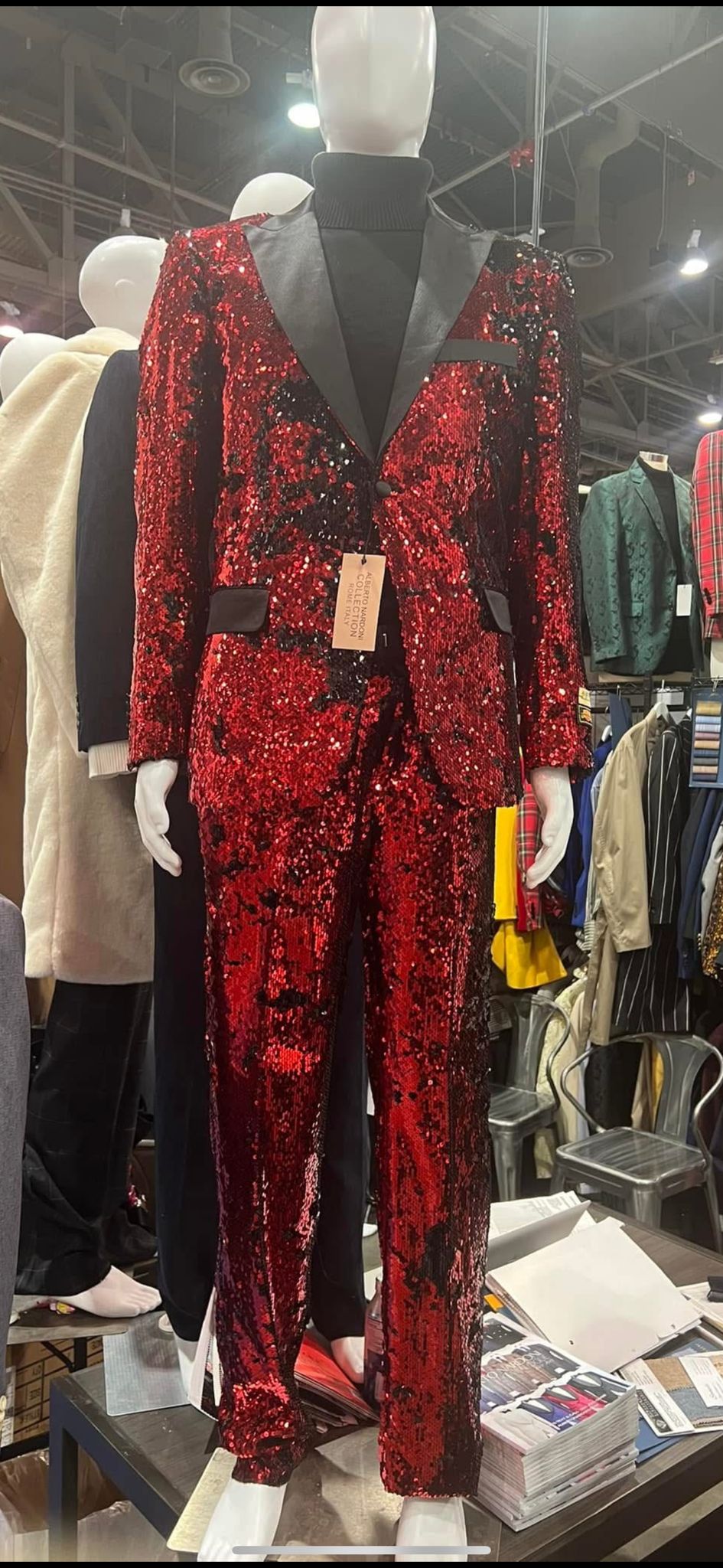 Men’s Red Sequin Tuxedo Suit with Black Lapel 