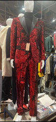 Men’s Red Sequin Tuxedo Suit with Black Lapel 