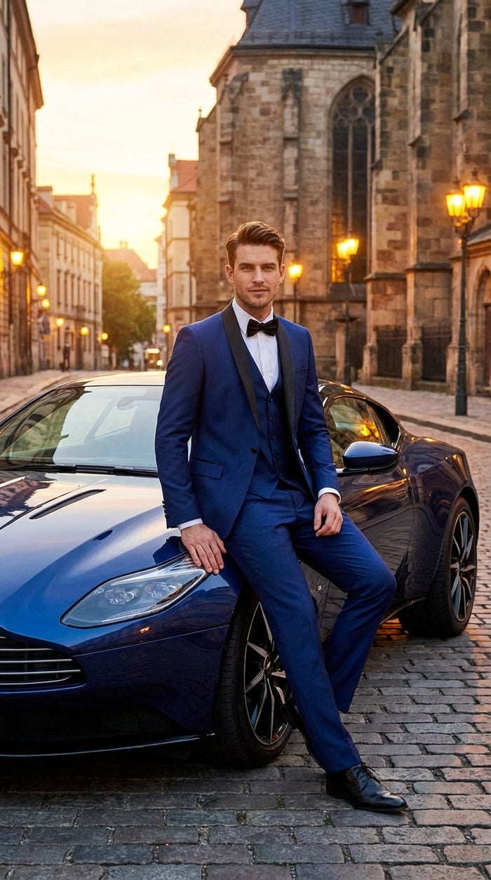 Men’s Shiny Sharkskin Saphire Royal Blue Tuxedo 