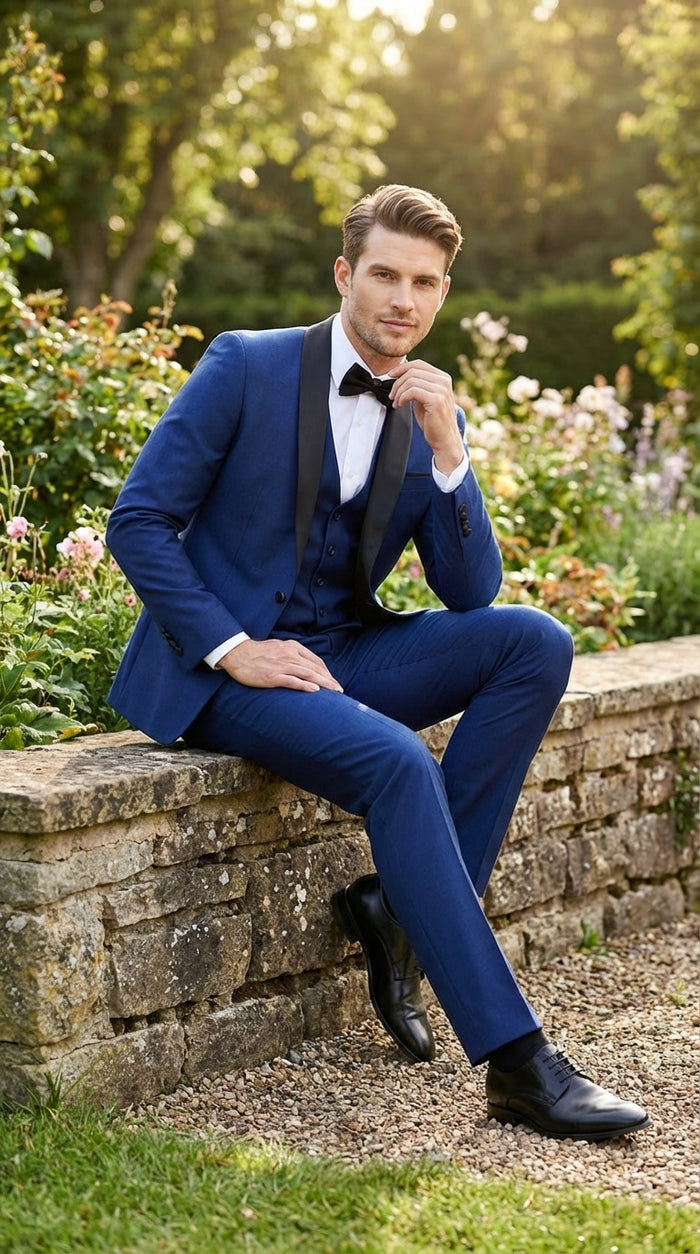 Men’s Shiny Sharkskin Saphire Royal Blue Tuxedo 