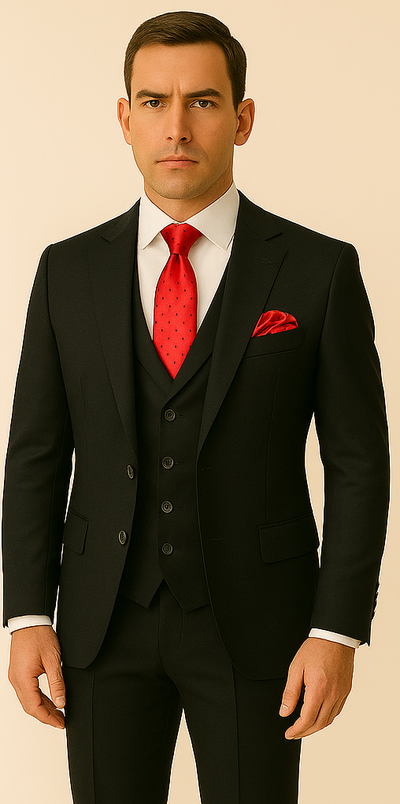 Rossi Man Men's Slim Fit Black Suit – Double-Breasted Vest, Elegant Formalwear 1 SKU#58659  - from alligatorwarehouse.com