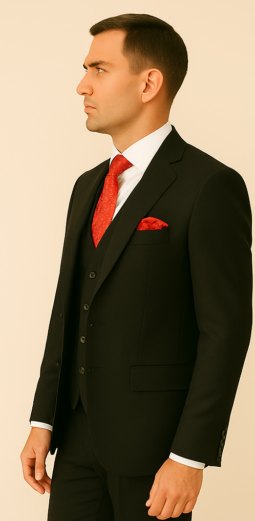 Rossi Man Men's Slim Fit Black Suit – Double-Breasted Vest, Elegant Formalwear