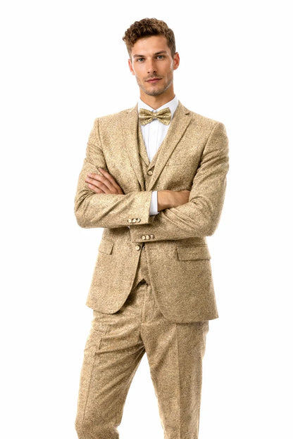 Men’s Two Button Vested Vintage Style Tweed Wedding Suit in Beige
