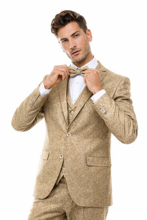 Men’s Two Button Vested Vintage Style Tweed Wedding Suit in Beige
