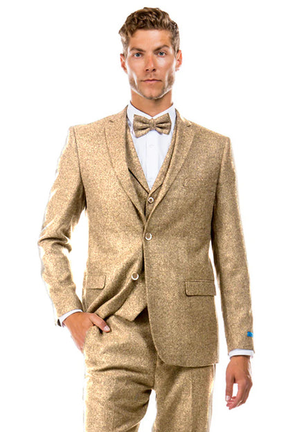 Men’s Two Button Vested Vintage Style Tweed Wedding Suit in Beige