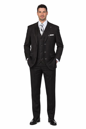 Men’s Vintage Vested Gangster Pinstripe Suit – Black & White 3-Piece Classic Fit