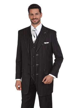 Men’s Vintage Vested Gangster Pinstripe Suit – Black & White 3-Piece Classic Fit