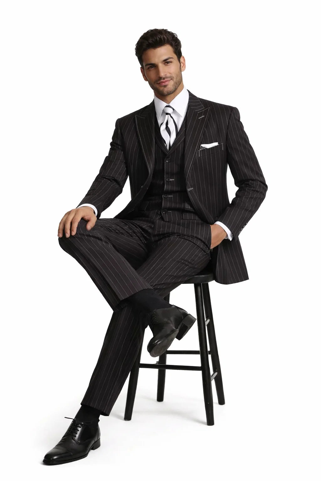 Men’s Vintage Vested Gangster Pinstripe Suit – Black & White 3-Piece Classic Fit