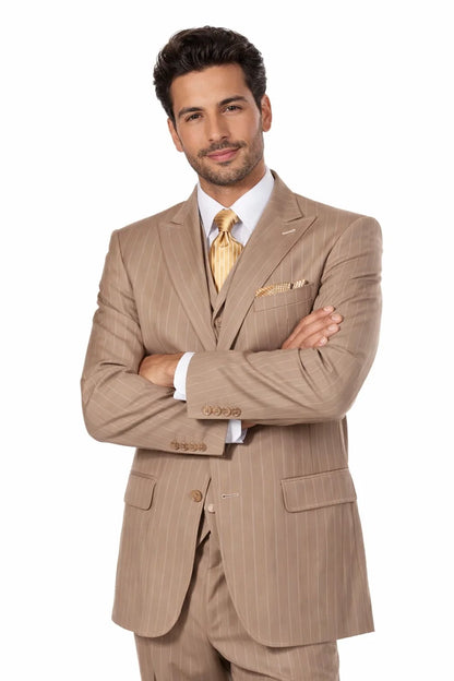 Men’s Vintage Vested Gangster Pinstripe Suit in Tan – 3 Piece Suit