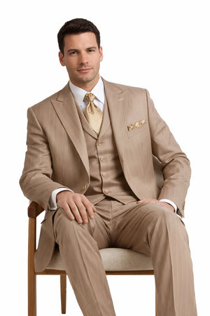 Men’s Vintage Vested Gangster Pinstripe Suit in Tan – 3 Piece Suit