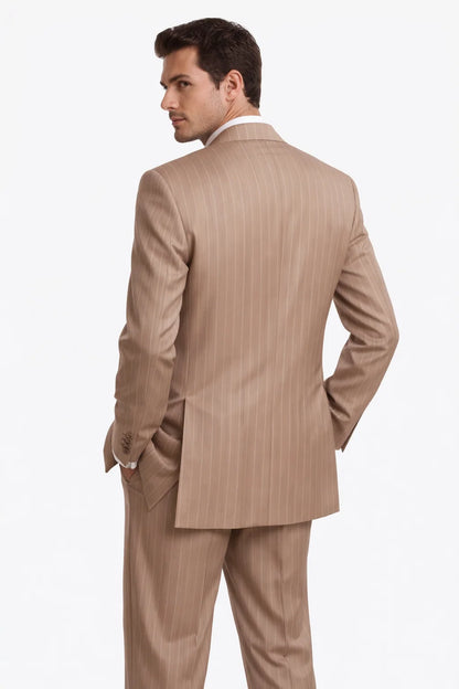 Men’s Vintage Vested Gangster Pinstripe Suit in Tan – 3 Piece Suit